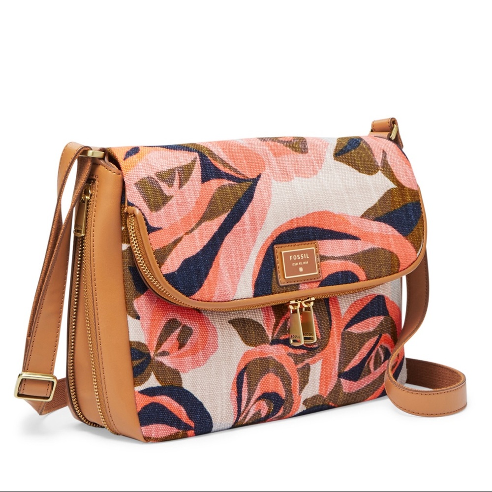 Fossil Leather/Canvas Floral Crossbody